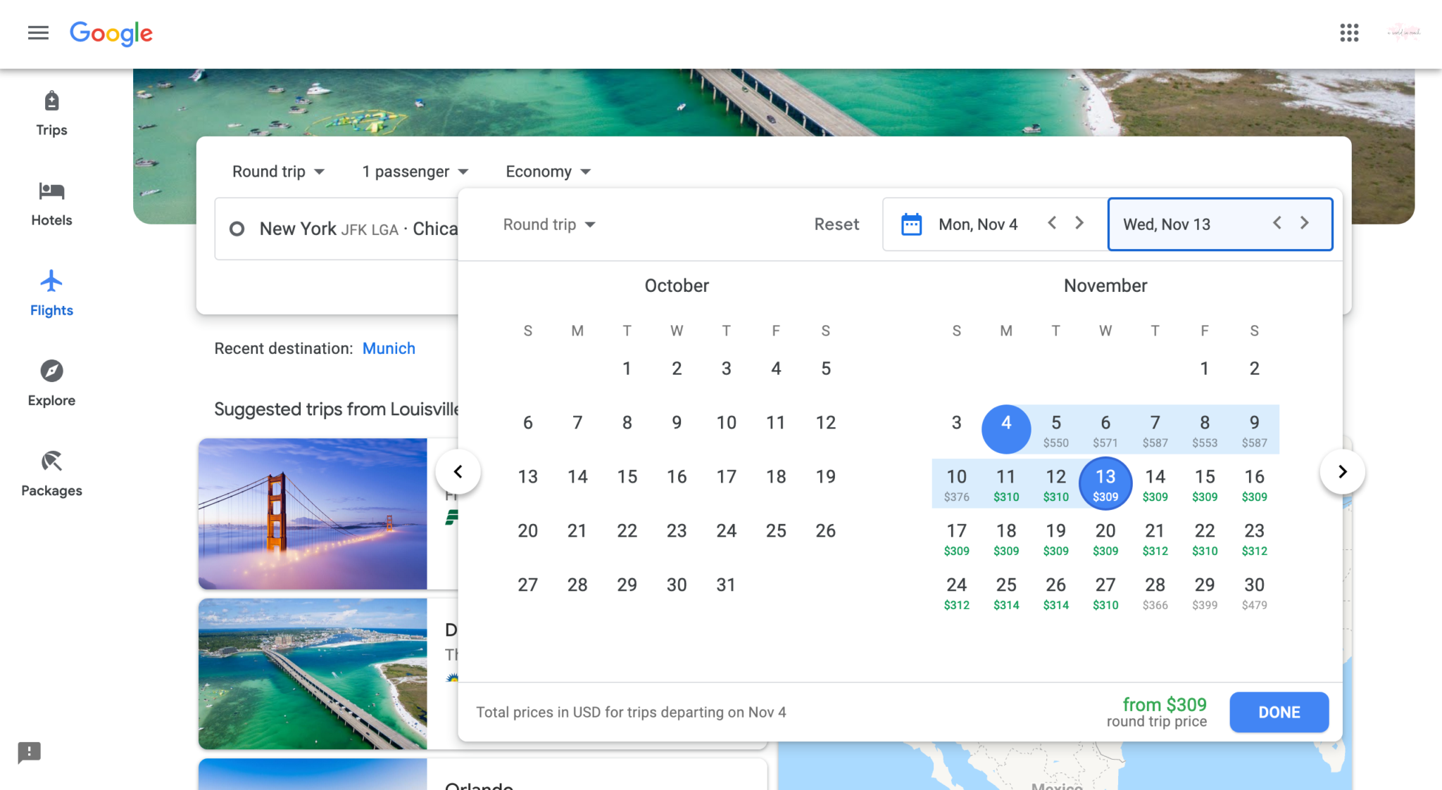 Google Flights Search Screen
