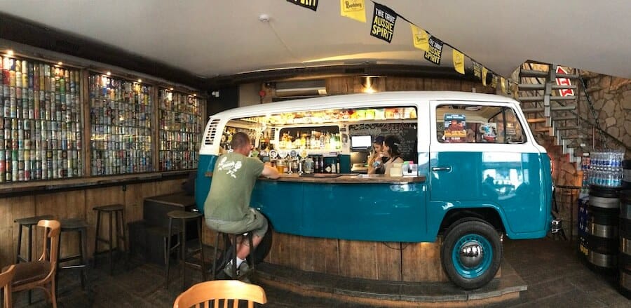 The blue volkswagen van-turned bar at the Riga Old Town Hostel & Backpackers Pub in Riga, Latvia