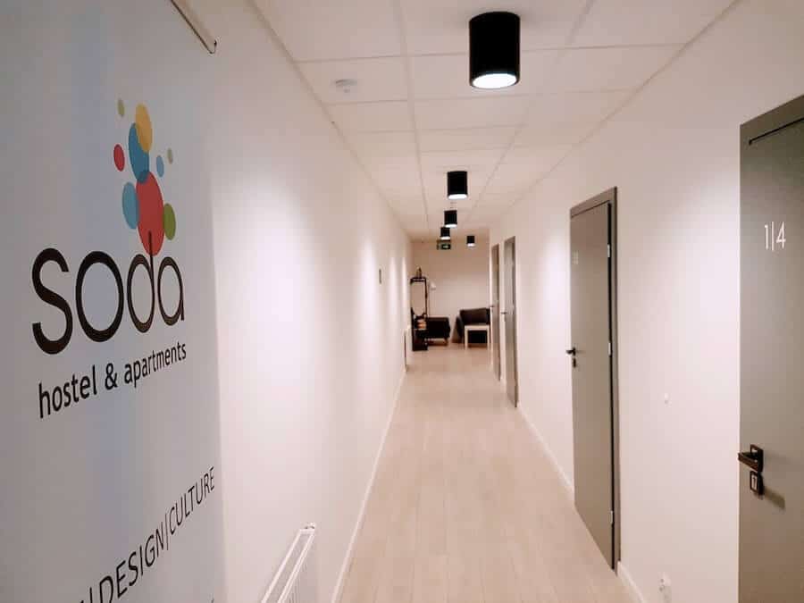 The long hallway at Soda Hostel & Apartments in Poznan, Poland