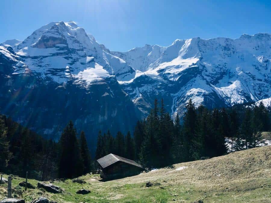 The beautiful, snow-capped Swiss Alps viewed from the Mountain Hostel in Gimmelwald, Switzerland