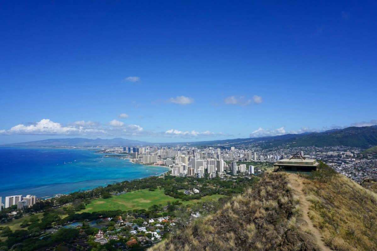 View of Honolulu from Diamond Head Summit, one of the most popular and best hikes in Oahu