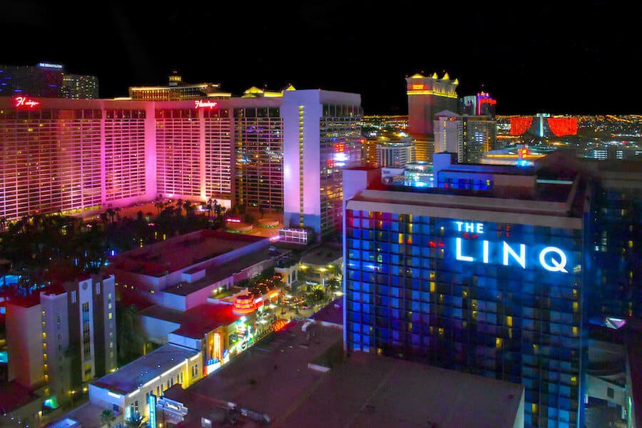 View of the hotels on the Las Vegas Strip lit up at night