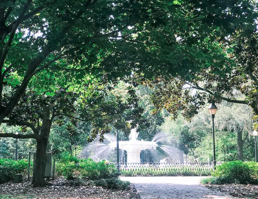 A serene view of Forsyth Park's famous fountain peeking through a lush canopy of green trees, with a quaint park bench nearby, in Savannah, Georgia, a tranquil escape during a college spring break.