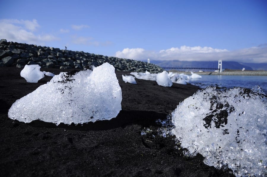 Ice chunks on a black sand beach in Iceland