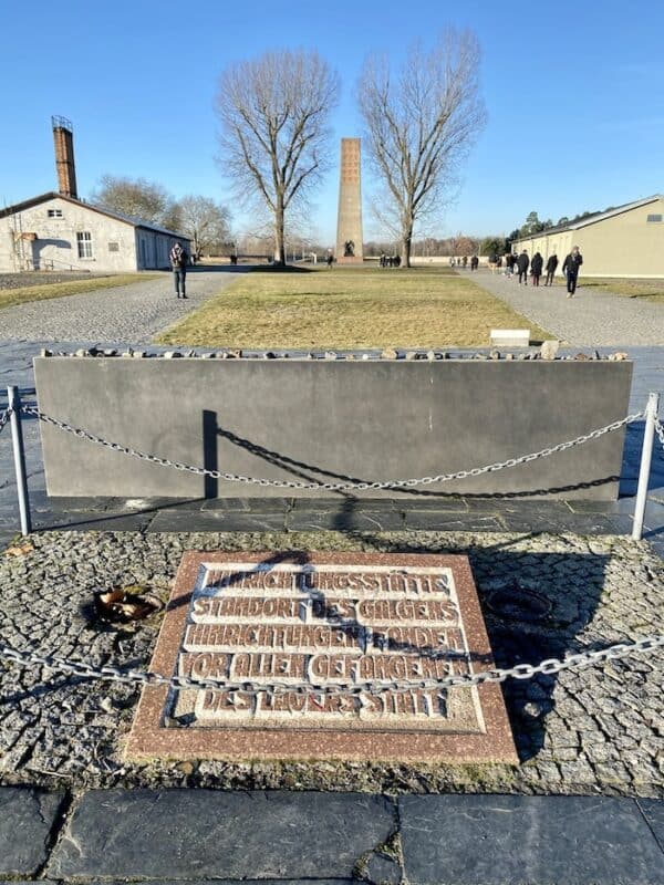 Barracks and the memorial at Sachsenhausen Concentration Camp
