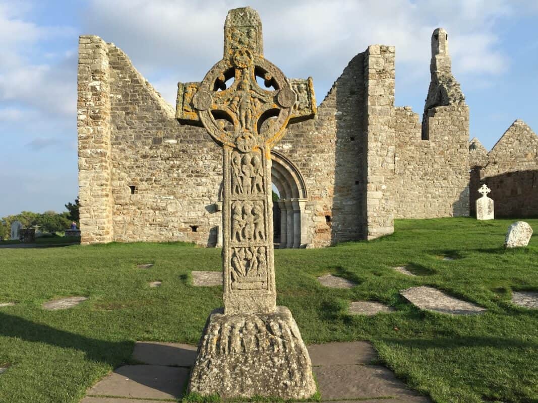 A Celtic cross at Clonmacnoise in Shannonbridge, Ireland