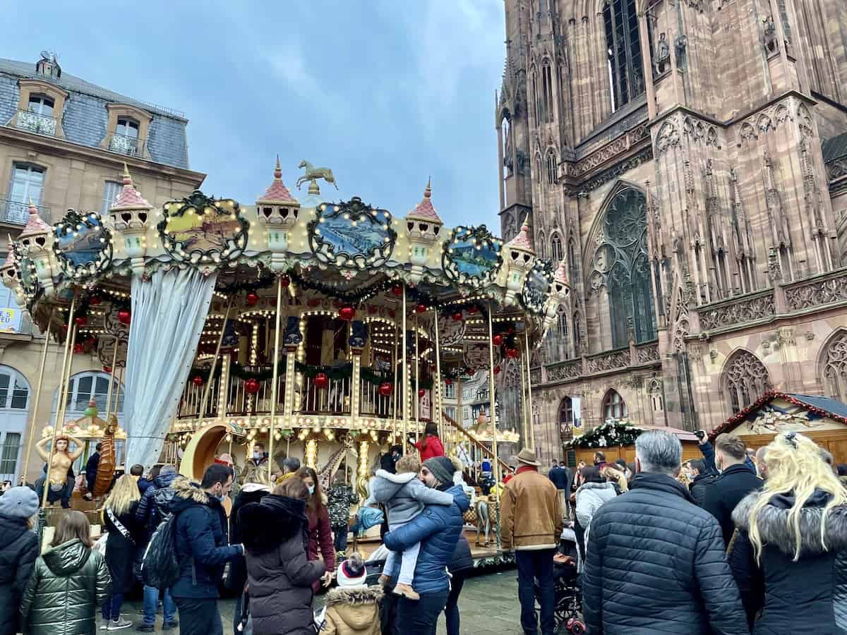 A carousel, decorated for Christmas, beside the Strasbourg Cathedral. This is a must-visit if you're spending Christmas in Strasbourg